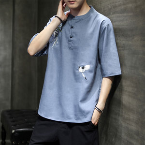 2021夏季新休閑風(fēng)大碼青年短袖亞麻透氣T恤刺繡半袖TZ84A圖片