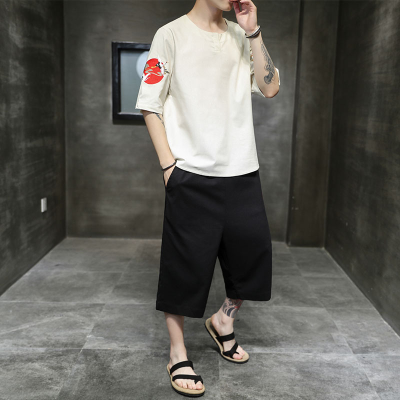 春夏现货套装风大码仙鹤刺绣半袖棉麻五分袖亚麻短袖TZ81,男装休闲套装,电商A021A