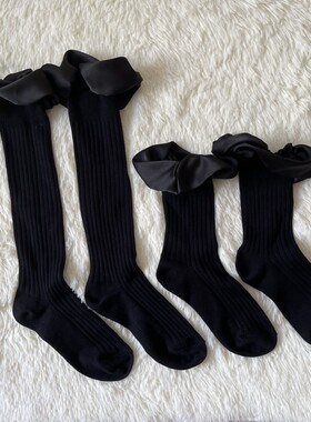 niss26 立体旋转泡泡口褶皱荷花边纯黑长袜INS个性走秀堆堆袜子女