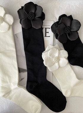 niss26 手工定制珍珠绸缎大花朵黑白纯色复古小腿袜配饰女袜子