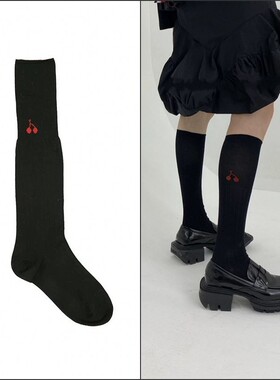 niss26 秋冬暗纹竖条高螺口橡筋显瘦黑色樱桃提花小腿袜JK长袜子
