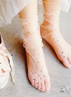 niss26 新款梦幻日系星星月亮烫钻亮片蕾丝透明薄网纱堆堆女袜子