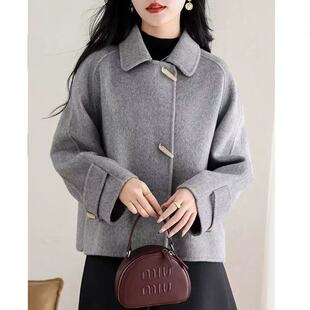 双面呢短款 小个子牛角扣上衣 羊毛大衣双面绒外套女2025秋冬新款