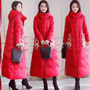 2022冬装新款大码女装复古民族风绣花盘扣带拉链长款加厚羽绒棉服