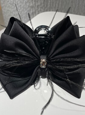 韩国大蝴蝶结羽毛水钻高档抓夹女黑色缎面显脸小气质发抓发夹发饰