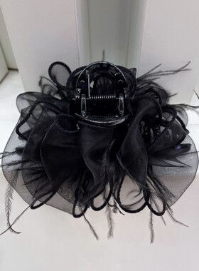 2025年爆款羽毛网纱云朵抓夹韩国黑色气质设计感头饰浪漫泡泡夹子