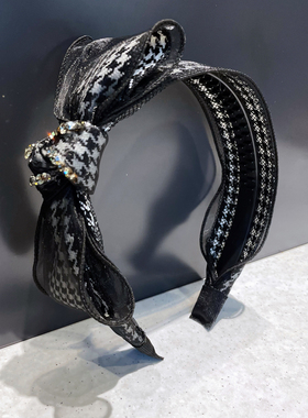 韩国ins黑色网纱千鸟格大气百搭蝴蝶结发箍 简约带齿防滑压发头箍