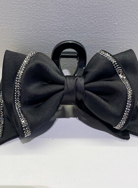 韩国黑色缎面蝴蝶结水钻边抓夹高级感洋气发抓气质后脑勺鲨鱼夹女