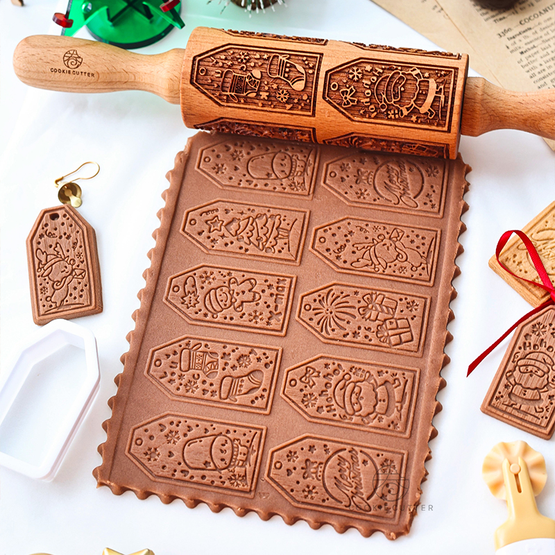 进口榉木实木擀面杖立体花型雕刻