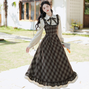 苏浅慕颜复古格纹英伦学院假两件连衣裙女秋冬森系气质打底中长裙