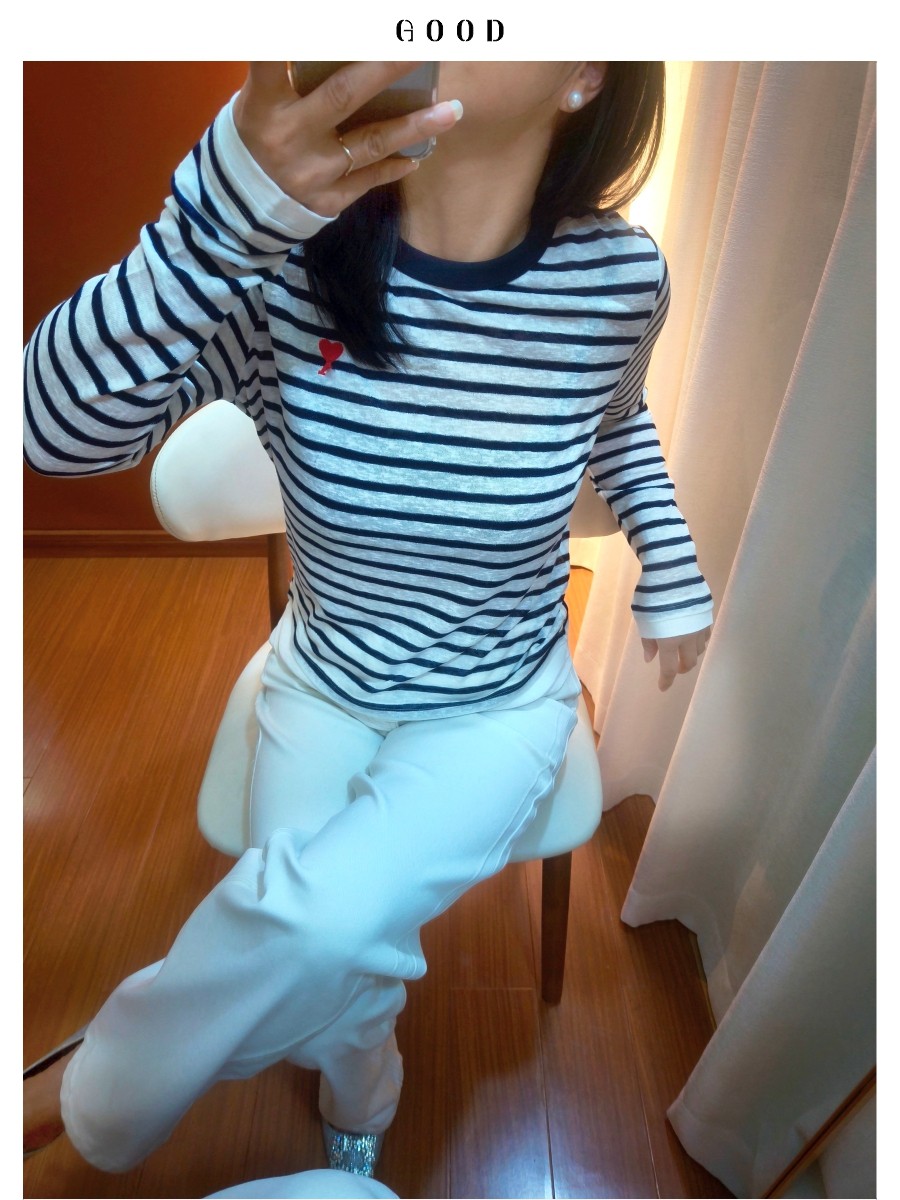 减龄条纹长袖t恤 时尚亮丝红色爱心刺绣 进囗棉麻春秋显瘦薄上衣