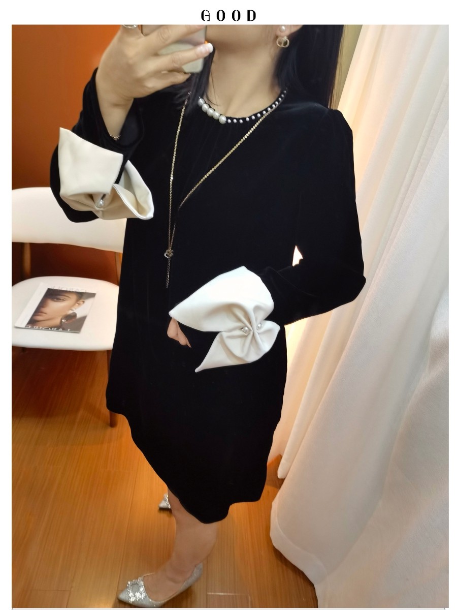 减龄松弛感连衣裙 真丝丝绒重工钉珠蝴蝶结袖口宽松腰遮肚短裙子K