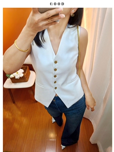 洋气松弛感白色西装马甲 真丝拼亚麻 v领显瘦后腰系带宽松腰上衣