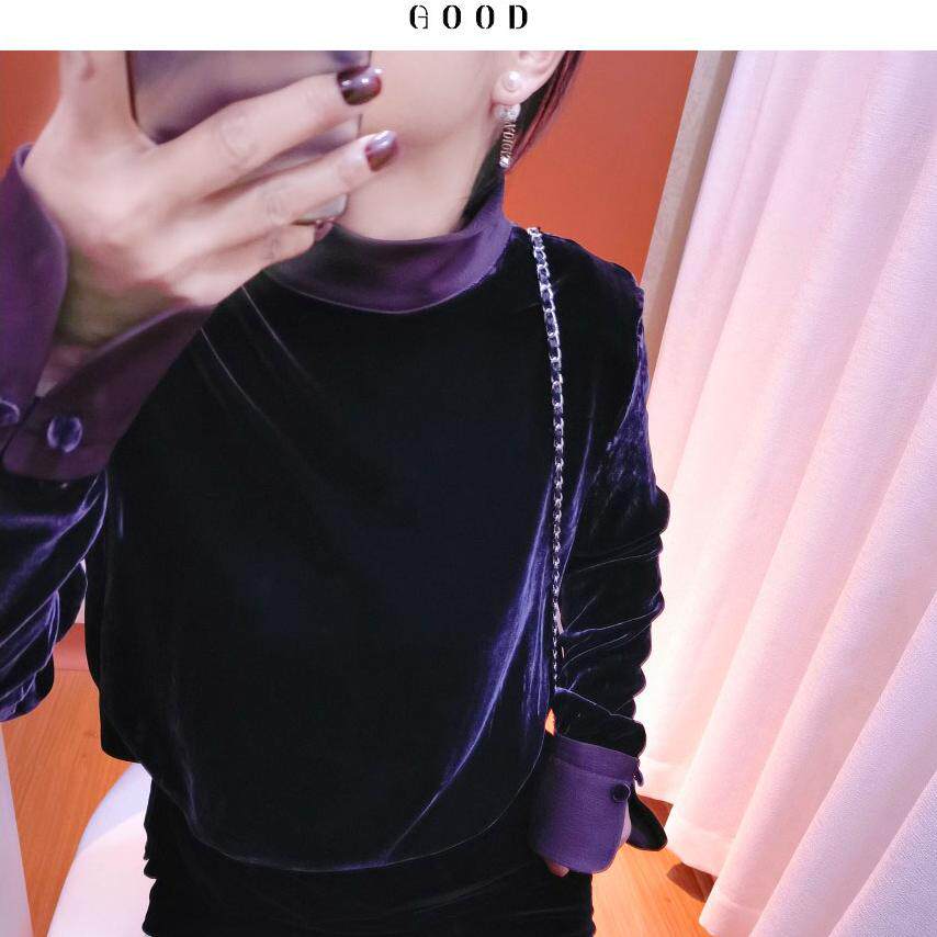 紫色真丝丝绒气质立领衬衫 轻奢女士新款 撞色袖显瘦品质款上衣K