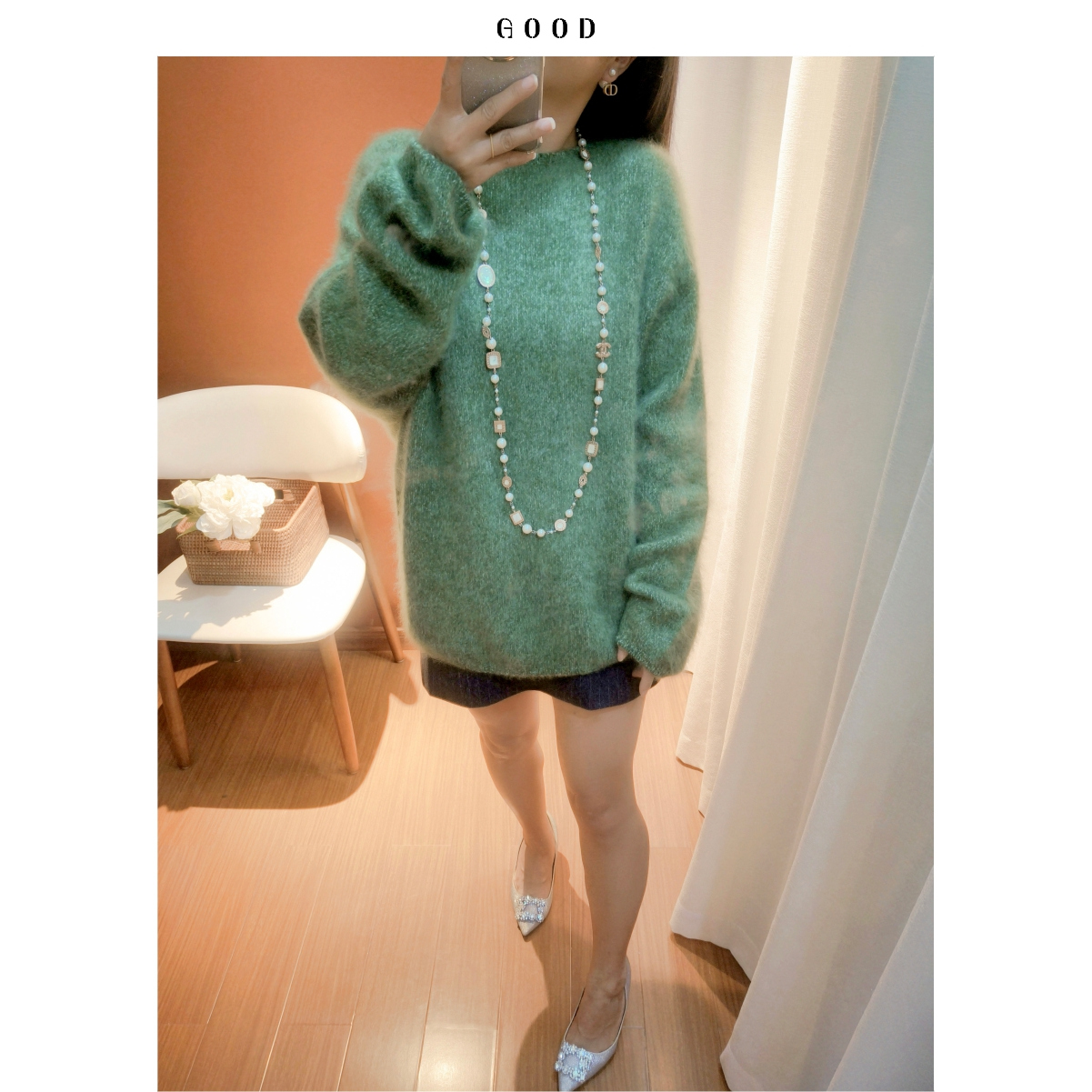 90羊毛10羊绒软糯慵懒中长款毛衣 花纱拉毛宽松遮胯臀无接缝毛衣