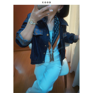 重工短款牛仔外套 个性撞色拼接可翻折袖口复古夹克配丝巾潮上衣