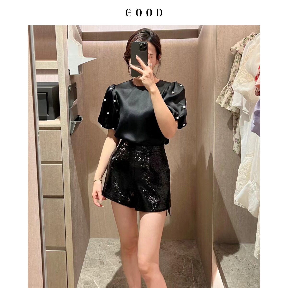 欧洲站春夏新款女装 时髦亮片高腰A型短裤 显瘦热裤 配简约上衣绝