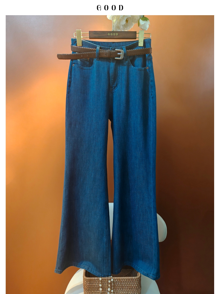 显瘦蓝色喇叭神裤 高腰软牛仔裤女 蓝复古配棕色皮带长品质款裤子