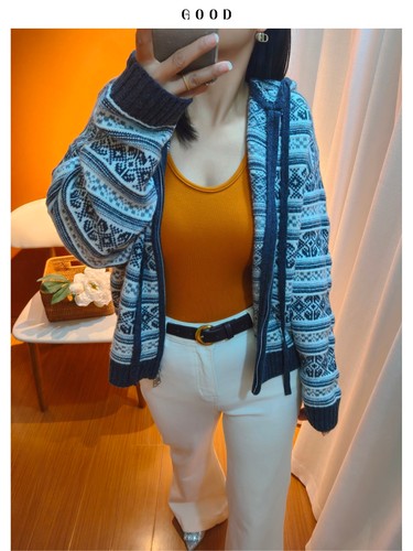 慵懒松弛感羊毛百搭外套 费尔岛提花减龄拉链连帽 女针织开衫上衣