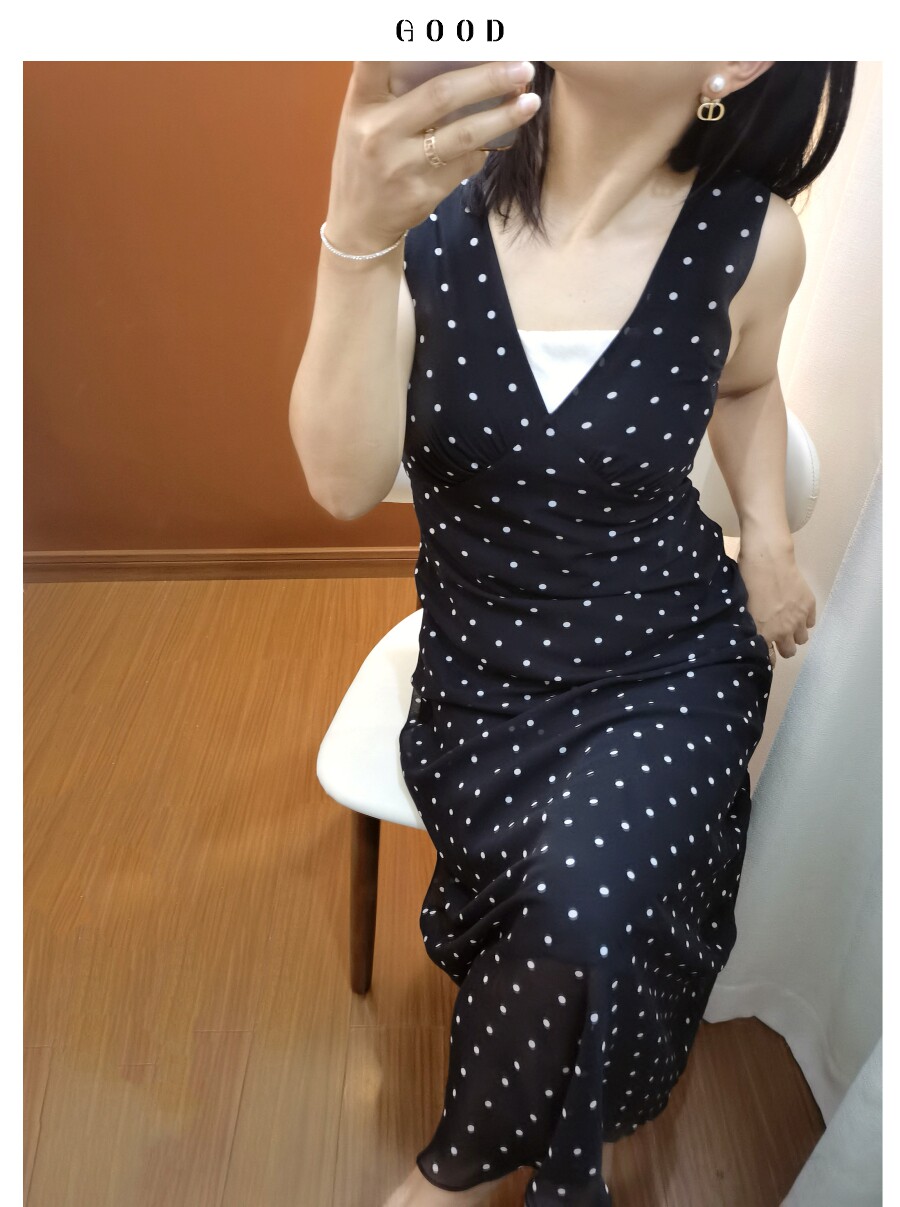 真丝斜裁波点连衣裙 v领优雅高腰巨显瘦 垂感桑蚕丝长裙度假/通勤