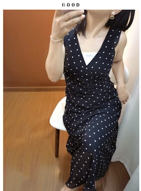 真丝斜裁波点连衣裙 v领优雅高腰巨显瘦 垂感桑蚕丝长裙度假/通勤