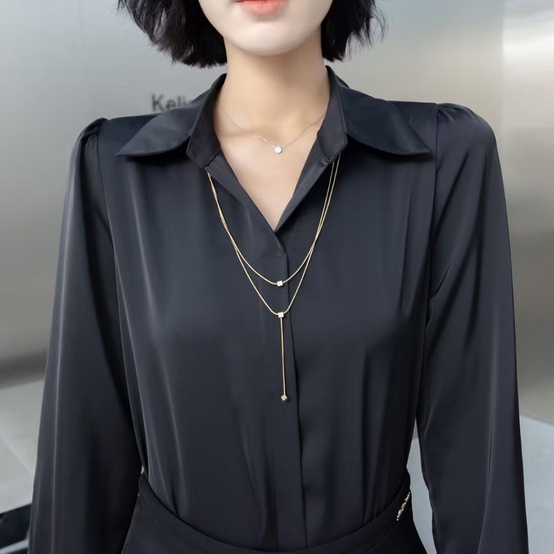 拉夏贝尔白色职业衬衫女长袖通勤缎面上衣职场穿搭教师面试正装衬