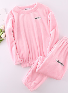 女法兰绒睡衣长袖套装加厚加绒秋冬家居服保暖加肥大码一件代发