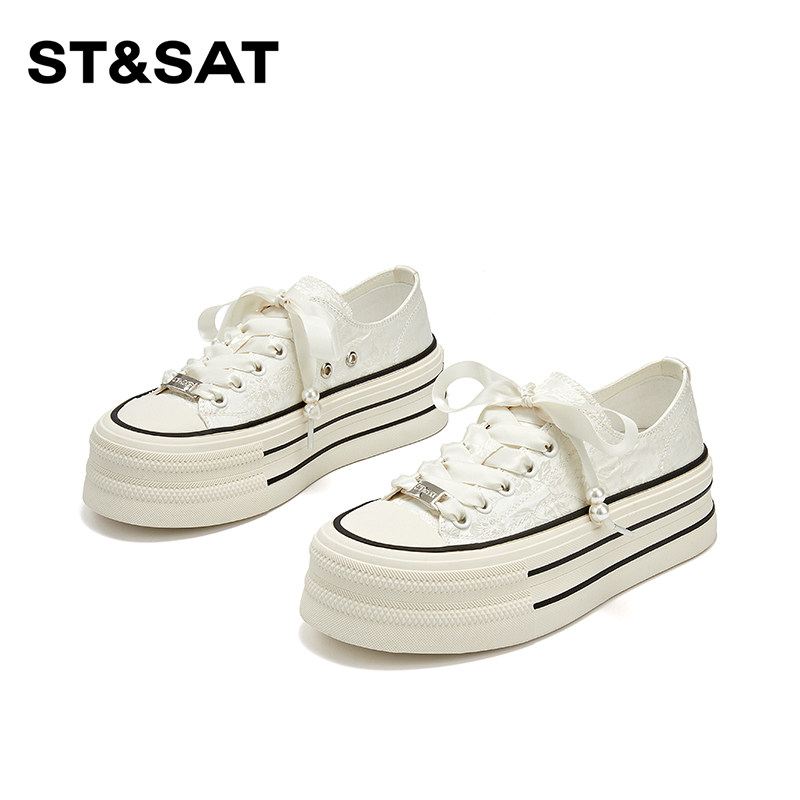 星期六白色厚底板鞋女款2025新款春夏百搭增高平底透气休闲小白鞋