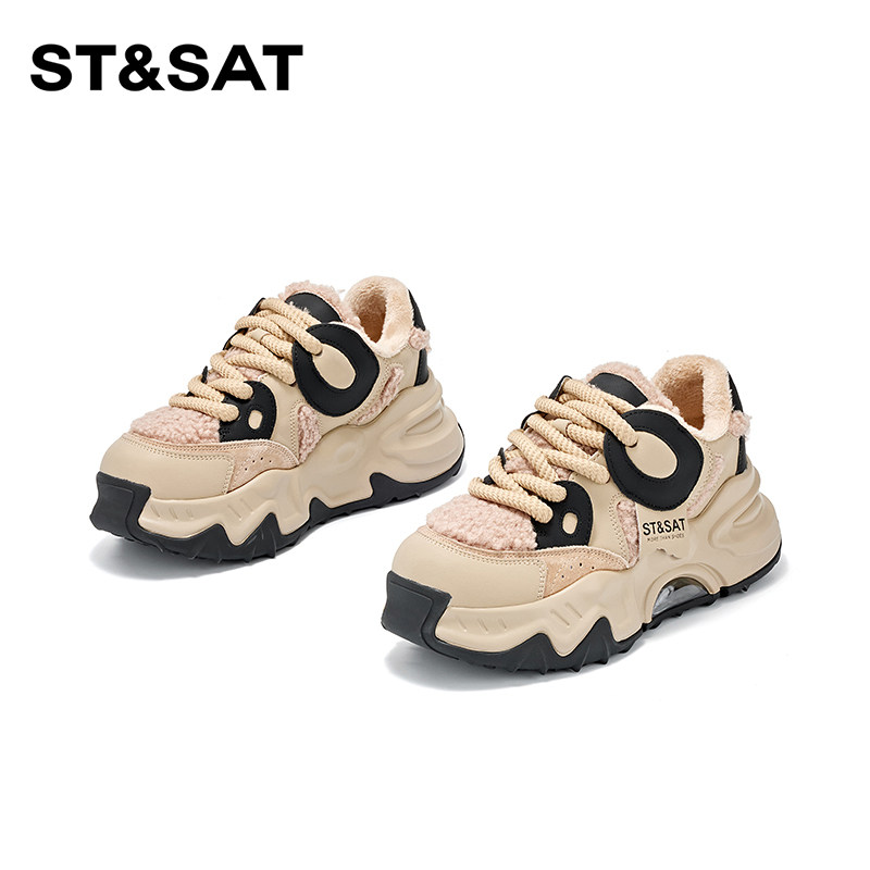 星期六真皮厚底时尚加绒老爹鞋女款2026新款春秋冬季轻便休闲鞋女