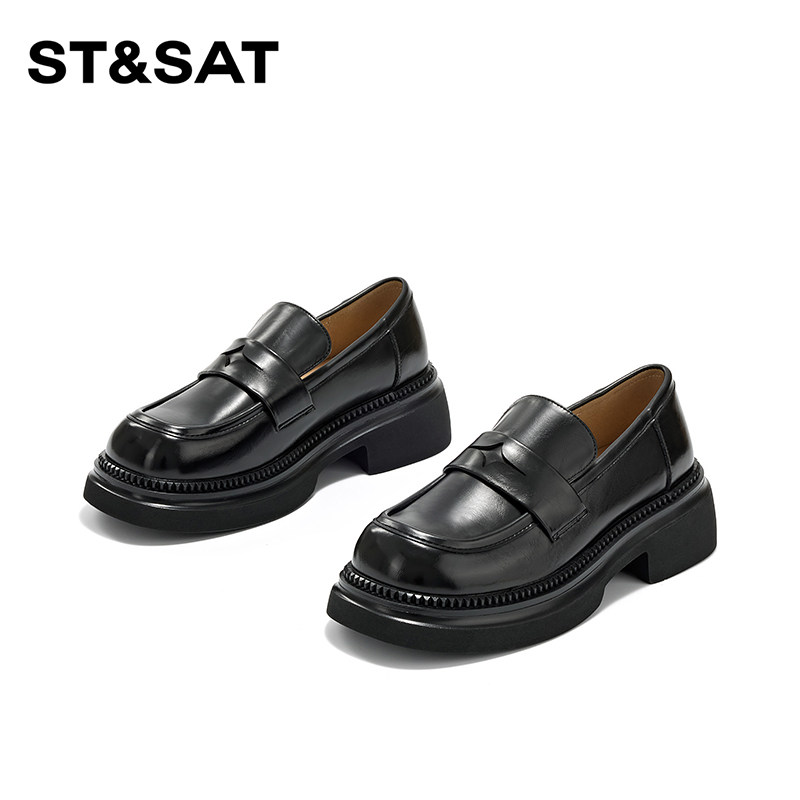 星期六真皮黑色厚底乐福鞋女款2026新款春夏一脚蹬小皮鞋休闲单鞋