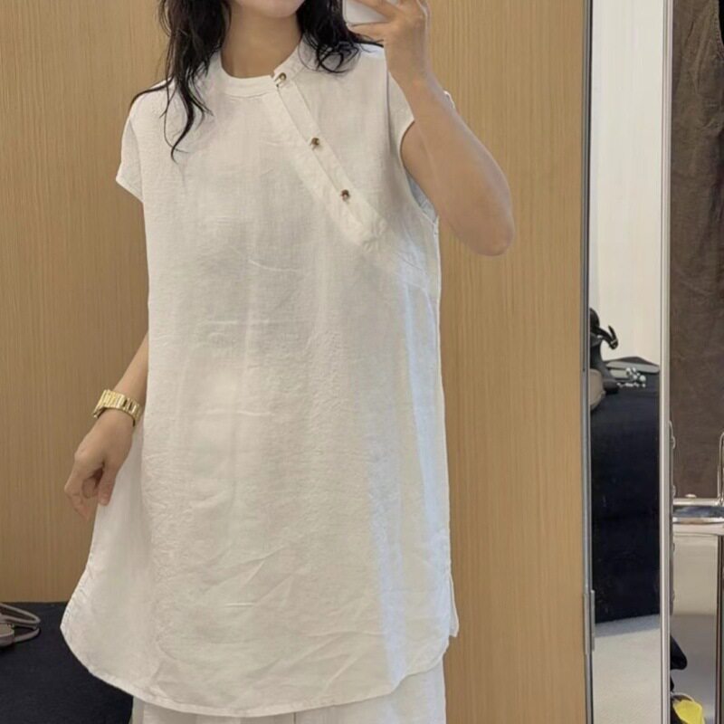 复古文艺斜襟汉麻中长款上衣女夏季新款宽松百搭新中式飞飞袖衬衫