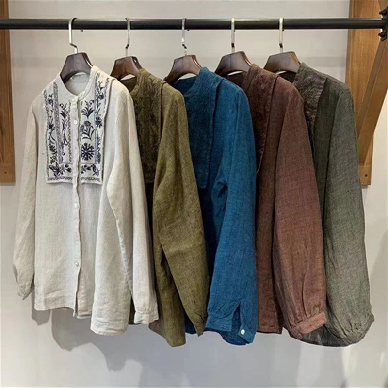 复古文艺刺绣拼接衬衫女春季新款日单宽松休闲百搭立领亚麻上衣女,女装/女士精品,衬衫,淘宝优惠券,粉丝福利购,淘宝优惠卷