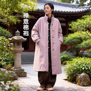 居士棉袄女冬季禅意佛系外套立领中长棉袍寺院款禅修服新中式棉衣