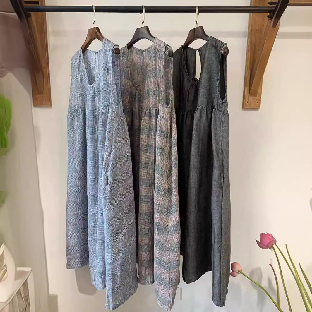 外贸亚麻无袖连衣裙夏季新款宽松百搭减龄文艺小众叠穿拼接背心裙