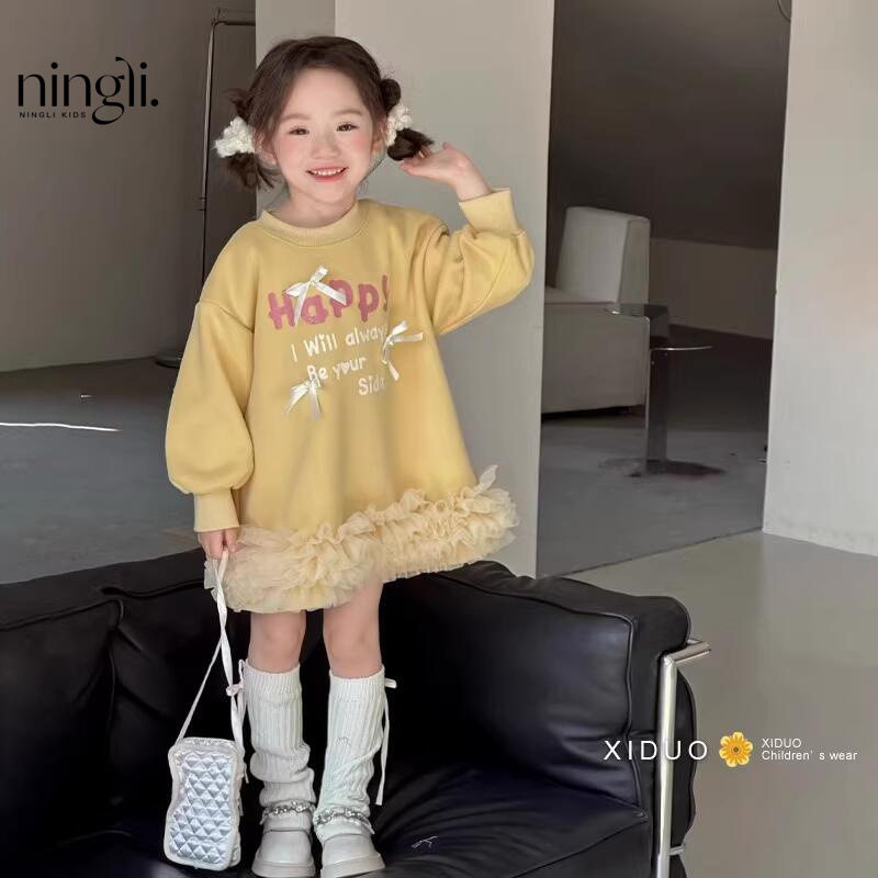 柠里女童连衣裙秋冬款字母印花蝴蝶结加绒卫衣裙儿童网纱拼接