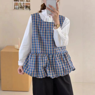 日系森系格子花苞马甲女春季新款宽松百搭减龄小清新叠穿拼接马夹