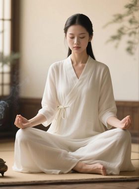 打坐禅服女夏季白色仙气飘飘禅意素衣疗愈冥想服装寺院禅修居士服