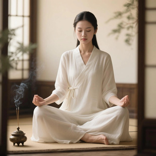 打坐禅服女夏季白色仙气飘飘禅意素衣疗愈冥想服装寺院禅修居士服