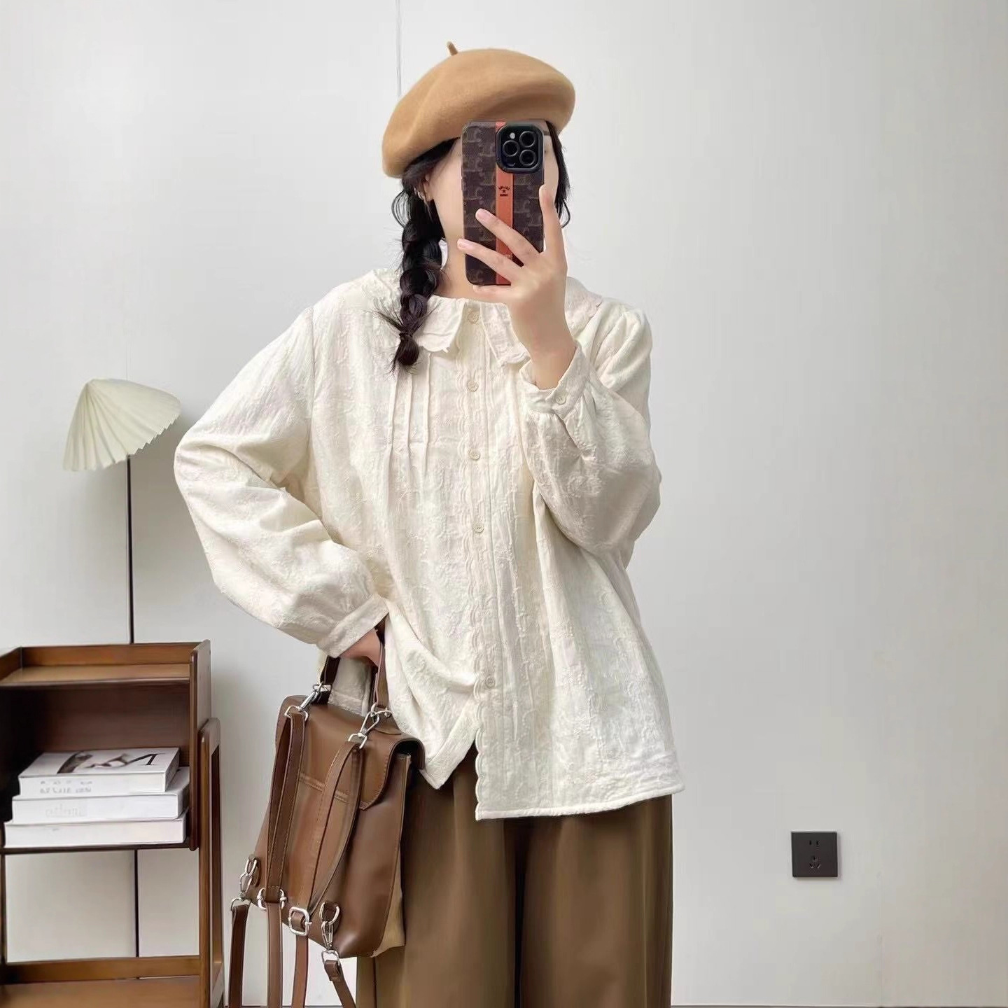 日系森系提花全棉加绒衬衫女冬季新款宽松百搭甜美减龄花边领上衣