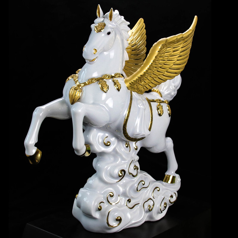 乾唐轩乾唐彩18寸飞天马金翼陶瓷摆件礼盒创意客厅办公室装饰送礼