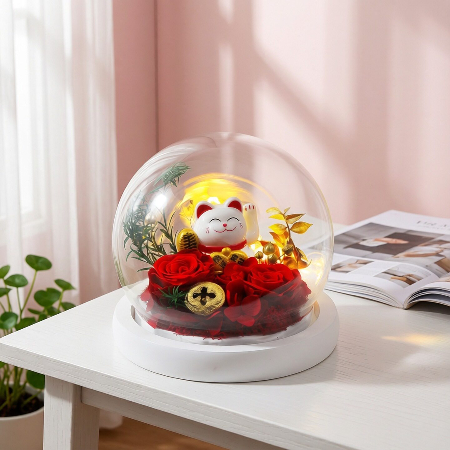 招财猫永生花玻璃罩