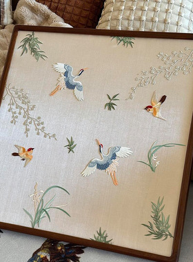 宋式美学飞鸟花鸟刺绣挂画复古国风方形装饰画客厅茶室背景墙壁画