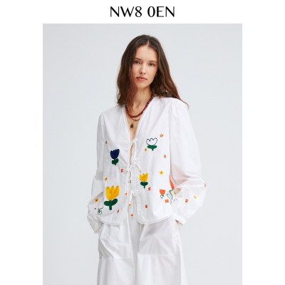 胡可的买手店 NW8 0EN 休闲系带透气亲肤潮流毛巾绣小花V领小衫
