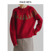 胡可 买手店 NW80EN慵懒风复古简约手工钉珠圆领套头针织毛衣