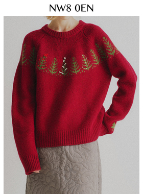 胡可的买手店 NW80EN慵懒风复古简约手工钉珠圆领套头针织毛衣