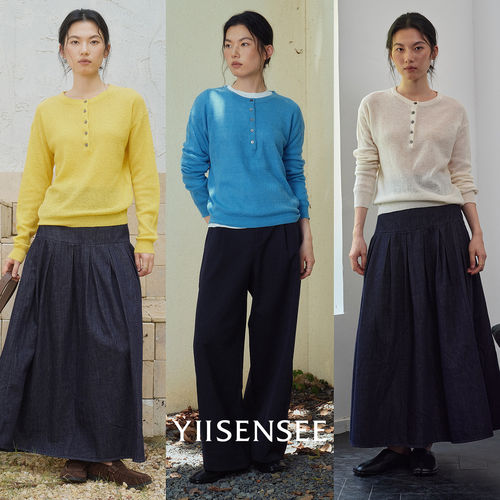 胡可的买手店 YIISENSEE逸识秋纯色单排扣圆领休闲简约通勤针织