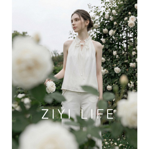 胡可的买手店 ZIYI LIFE半日偷闲呼吸感肌理亚麻棉系带挂脖衫上衣