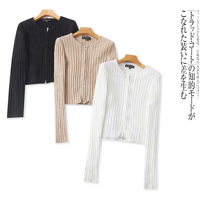 CC1435外贸欧美女士针织开衫新款半圆领拉链修身显瘦百搭短款毛衣