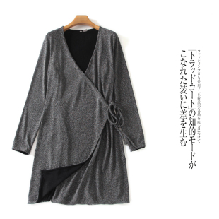 亮丝V领交叉系带收腰显瘦中长裙女 新款 外贸欧美单时尚 连衣裙秋季