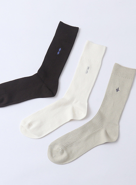 H2296外贸休闲小刺绣男女款中筒袜新款透气竖条纹基础款百搭袜子